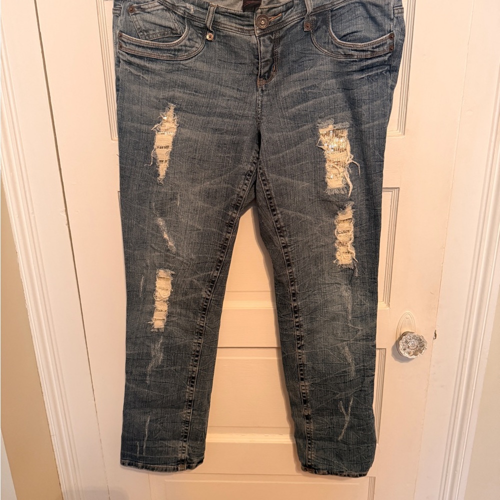 torrid Distressed Mid-Rise Bootcut Jeans in Faded Blue